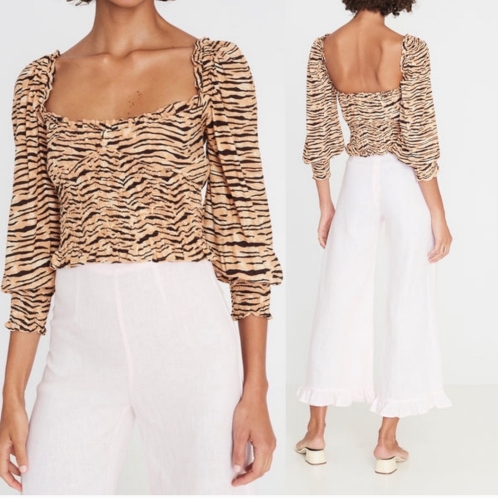 NWT Faithfull The Brand Willow Smocked Crepe Top Tiger Animal Print Size 4